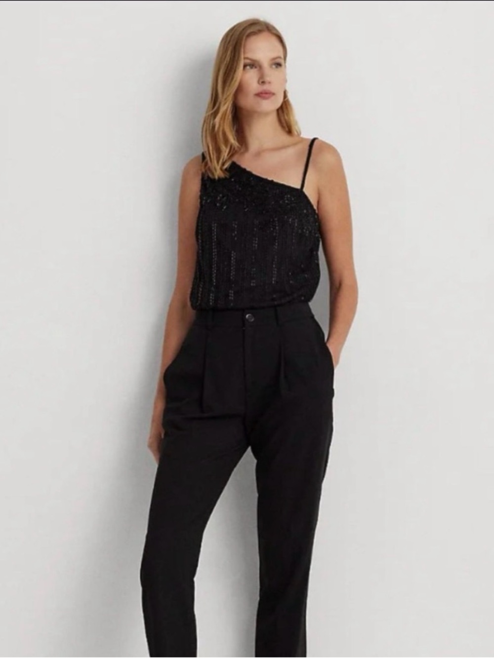 Lauren Ralph Lauren Black Label Beaded Mesh One Shoulder Top